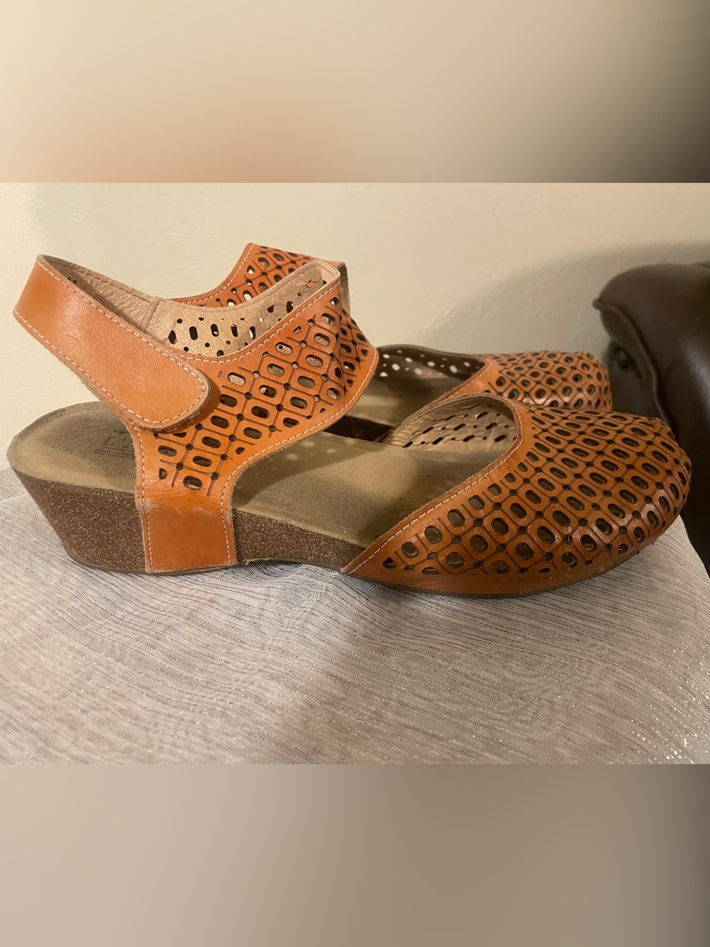 Perforated Slingback Wedge Mules in Cognac Brown